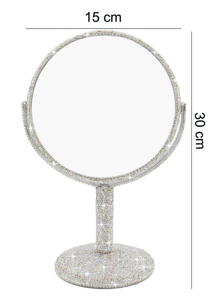 Bestbling Bling Rhinestone Portable Magnified Double Sided Swivel Makeup Vanity Mirror, 360Â°Rotate Makeup Mirror Round Shaped Two-Sided Makeup Mirror (Silver) - Image 1